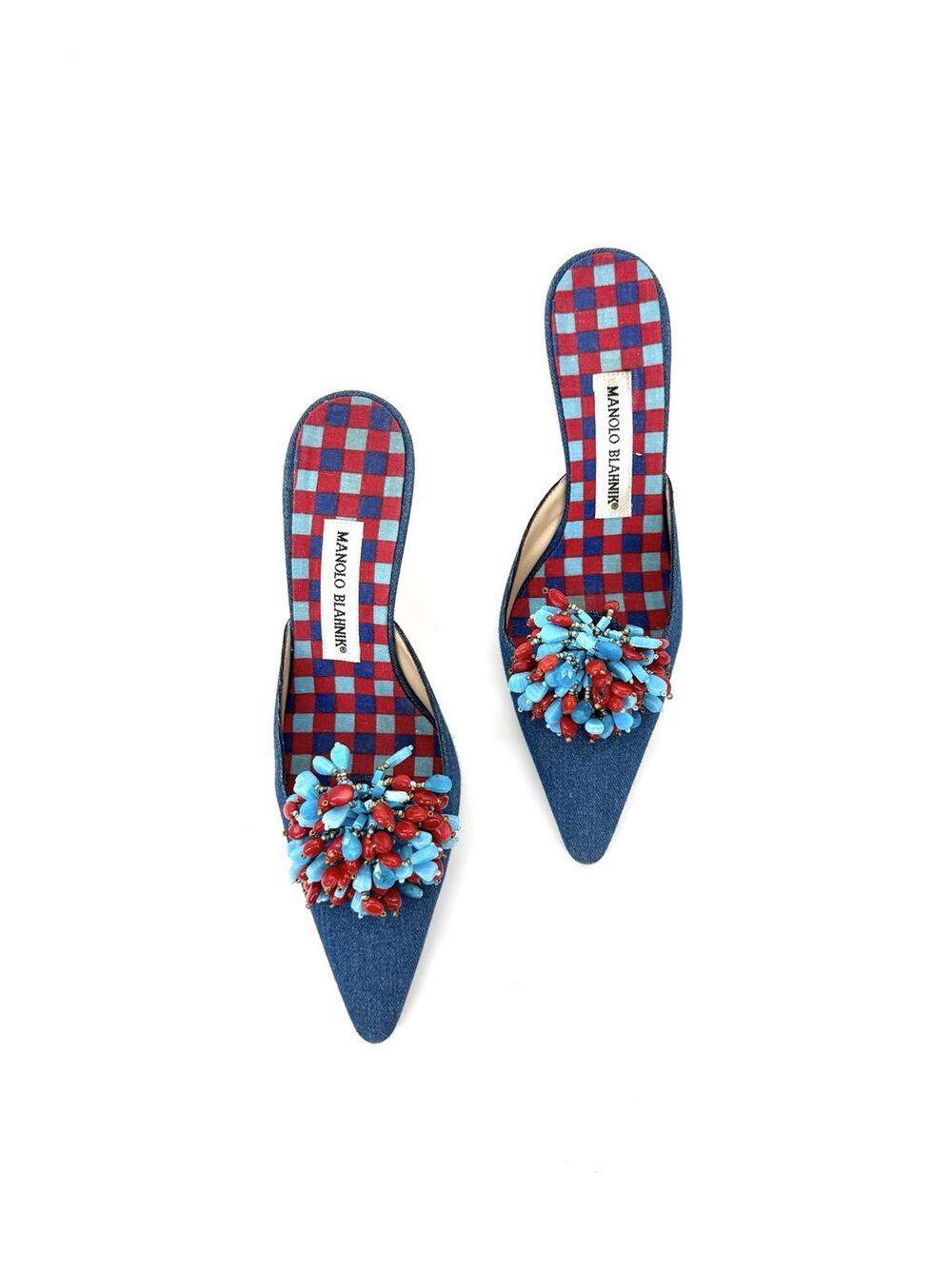 Manolo Blahnik Vintage EU 37 US 7 Embellished Denim Blue Kitten Heels Mules